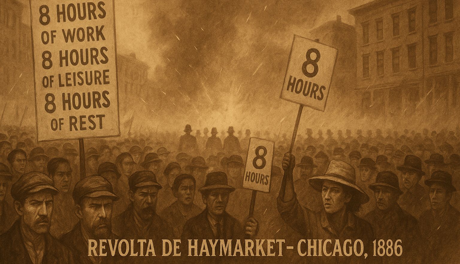 Ilustração retrata a Revolta de Haymarket. Criação de arte: IA.