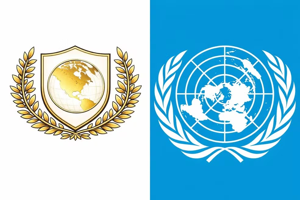 Logos do 'Conselho da Paz' de Trump e o da ONU — Foto: Divulgação.
